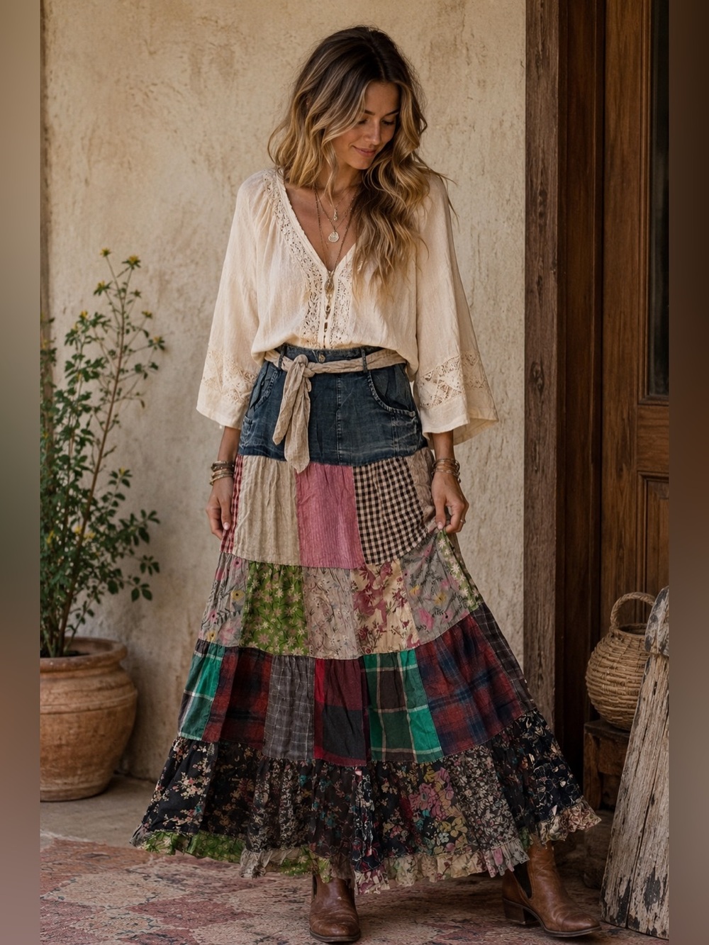 Young Threads Western Boho Patchwork Belted Skirt Vintage NWT Large - Picture 1 of 13